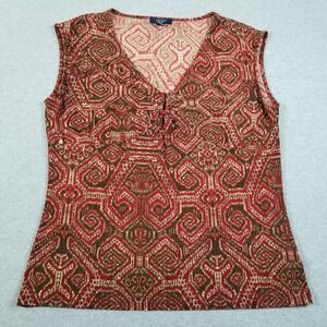 Chaps Tank Top Womens‎ XL Red Brown Geometric Sleeveless V-Neck Casual Stretch